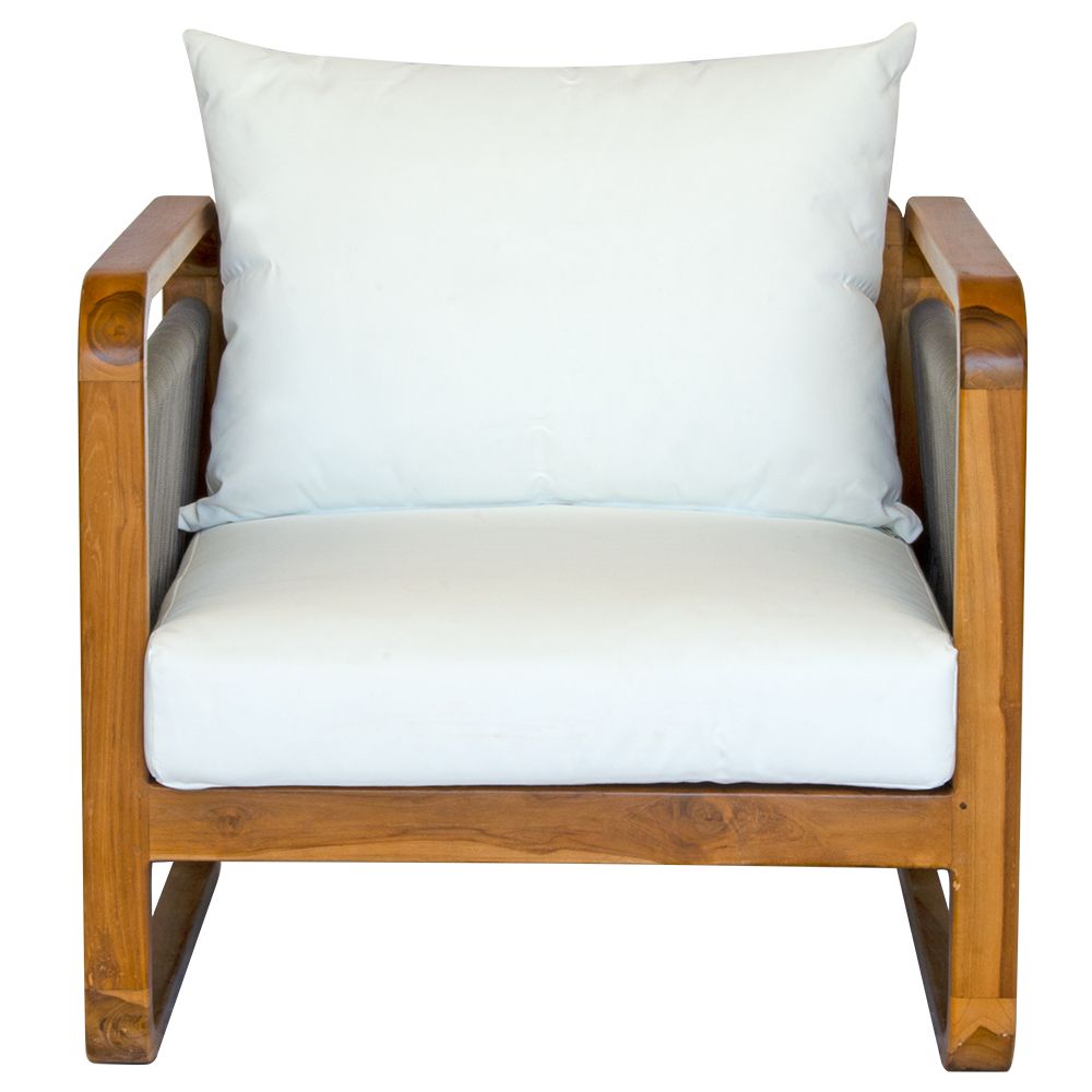 The Sahara Grey Occasional Chair is an indoor/outdoor lounge. Featuring a solid teak frame and UV resistant cushioned seat and back. Colours, natural and grey rope with white cushions. Measures  760 Wide x 750 depth x 800 back height and 400 seat height. Front Plain.