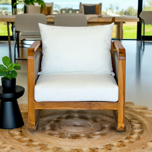 The Sahara Grey Occasional Chair is an indoor/outdoor lounge. Featuring a solid teak frame and UV resistant cushioned seat and back. Colours, natural and grey rope with white cushions. Measures  760 Wide x 750 depth x 800 back height and 400 seat height. Style.