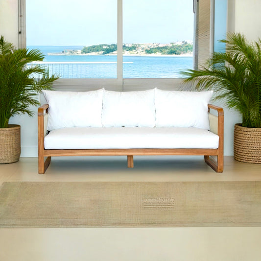 The Sahara White Lounge is an indoor/outdoor lounge. Featuring a solid teak frame and UV resistant cushioned seat and back. Colours, natural and white cushions. Measures  1800 Wide x 750 depth x 800 back height and 400 seat height. Styled.
