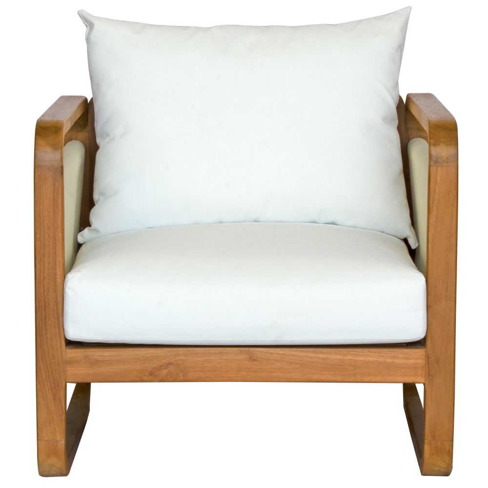 The Sahara White Occasional Chair is an indoor/outdoor lounge. Featuring a solid teak frame and UV resistant cushioned seat and back. Colours, natural and white rope with white cushions. Measures  760 Wide x 750 depth x 800 back height and 400 seat height. Front Plain.