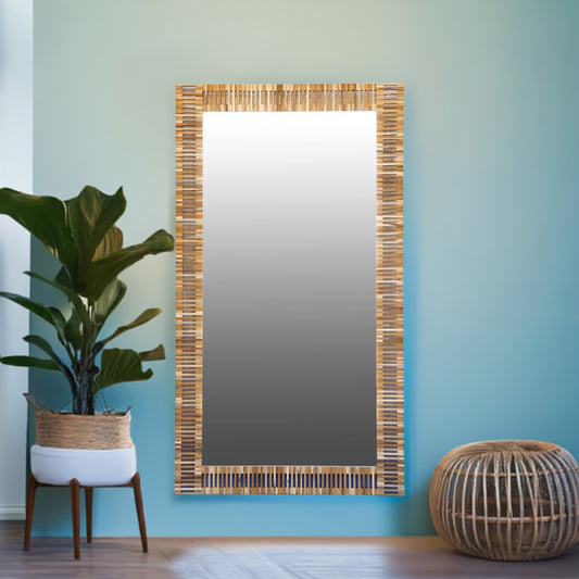 The Samoa Mirror.  Teak frame with groove cut outs.  Measures 800 wide x 1700 height.  Life.