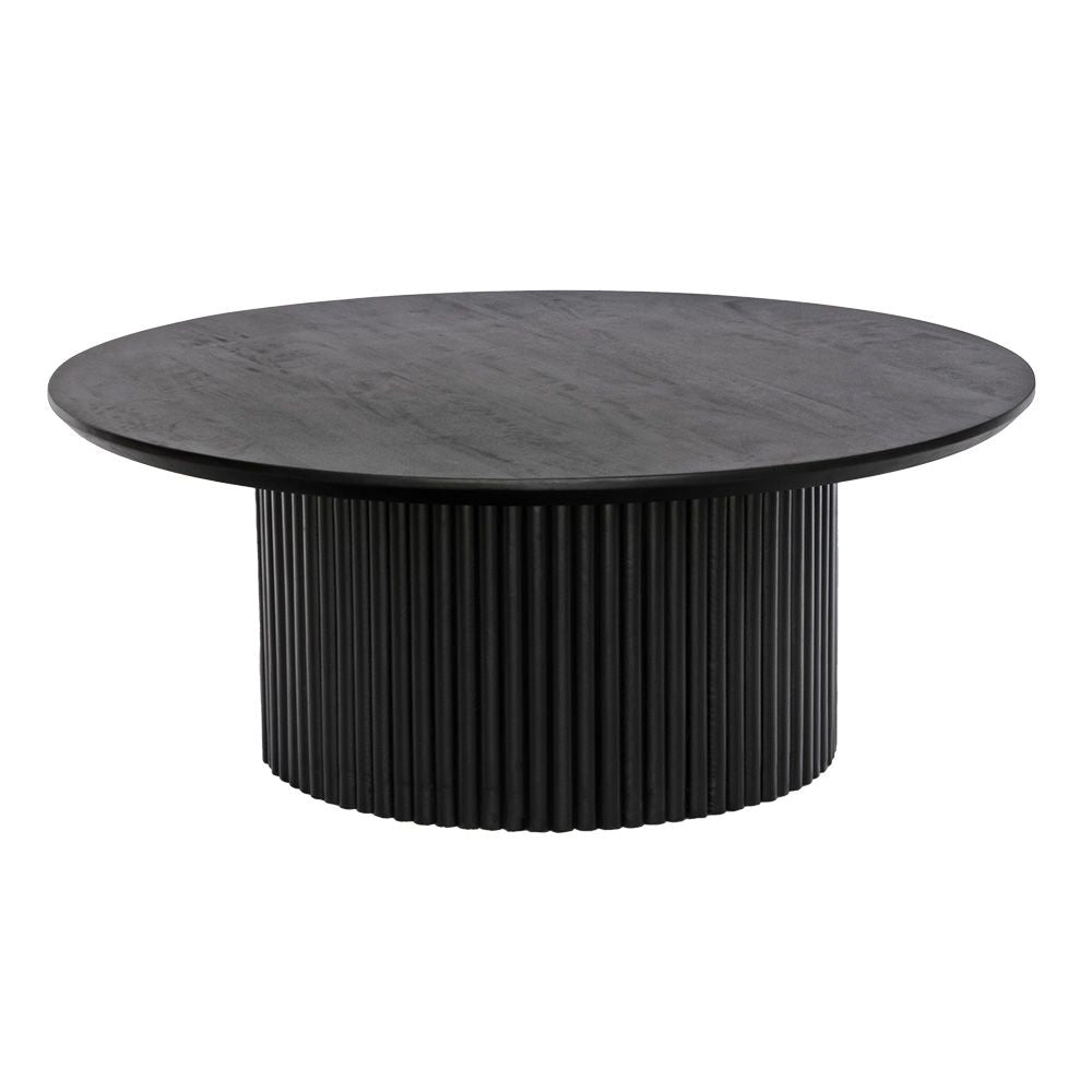 The Santana - Black Coffee Table is a contemporary centrepiece. It features a round table top and textured column base. Colour black. Measures 1000 diameter X 400 height. Front Plain.
