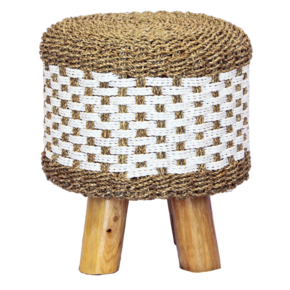 The Saru Foot Stool is crafted from sustainable seagrass and teak legs. Colours natural with white accents. Measures 450 diameter X 500 height. Front Plain.