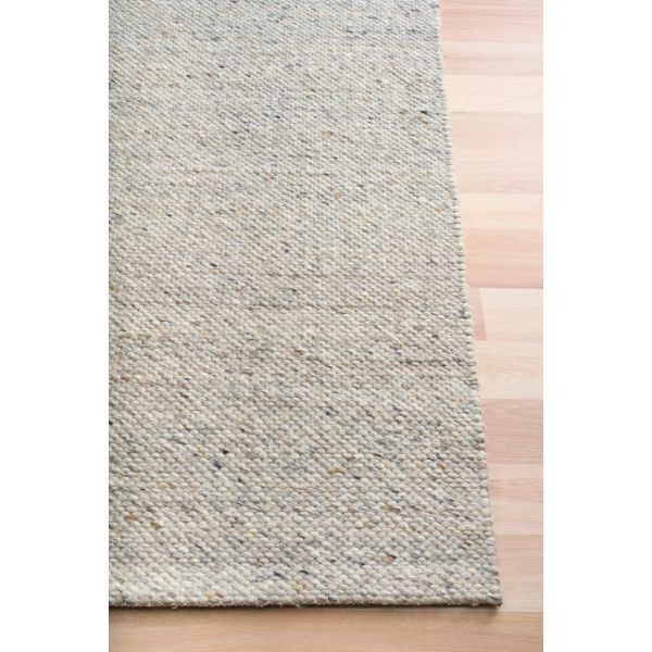 Savoy Grey hand-woven wool flatweave rug in a cool, understated grey, with a fine box-weave texture. 4 Size options. Corner.