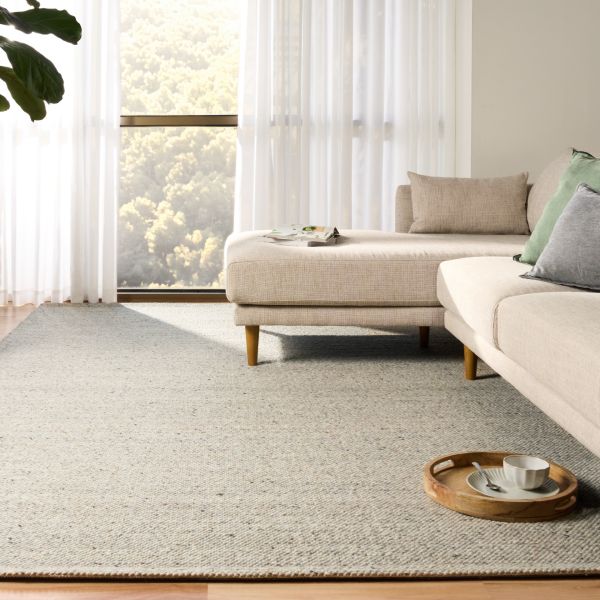 Savoy Grey hand-woven wool flatweave rug in a cool, understated grey, with a fine box-weave texture. 4 Size options. Life.