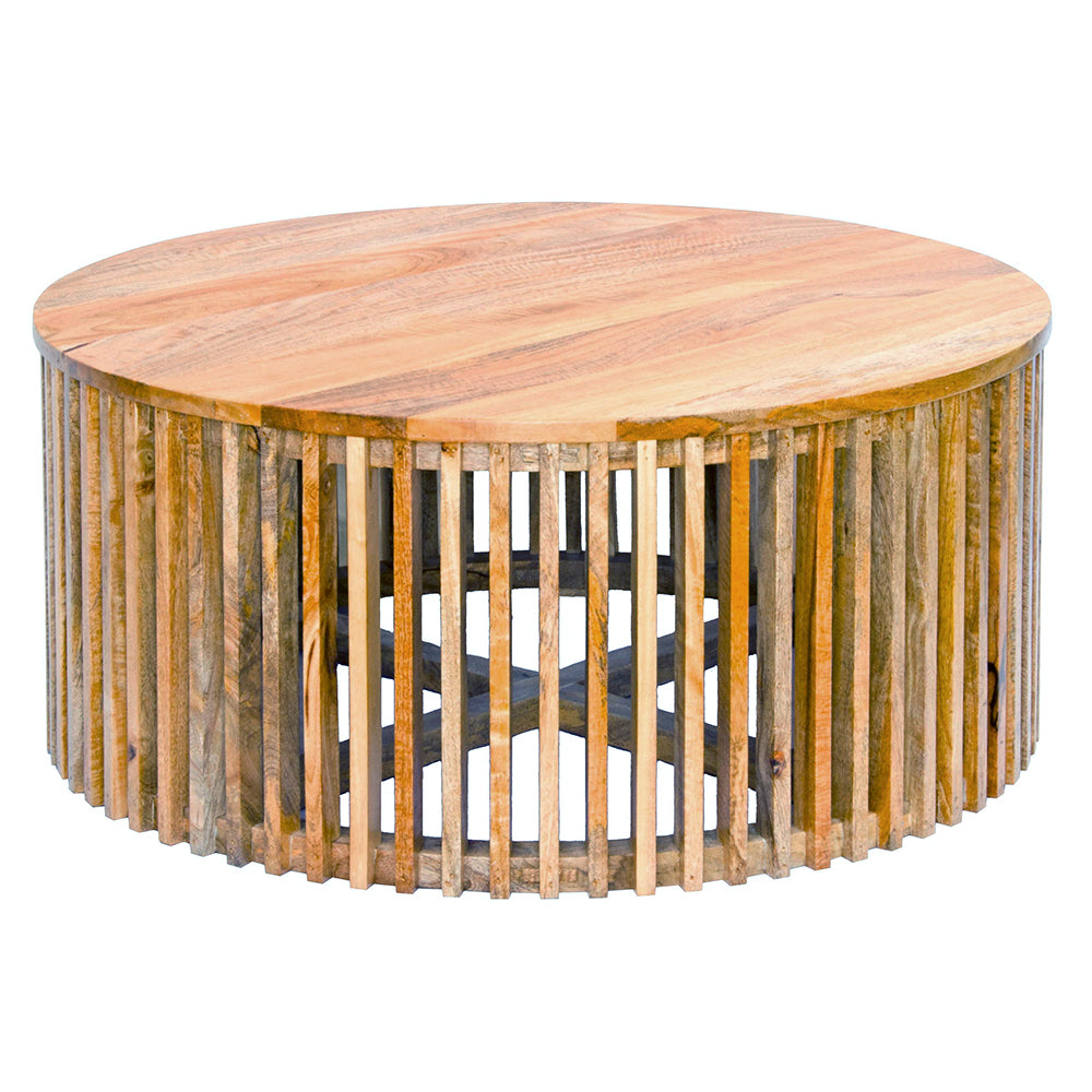 The Seger Coffee Table features solid round top and slatted sides. Crafted from sustainable fruitwood. Colour natural. Measures 900 diameter X 400 height. Front Plain.