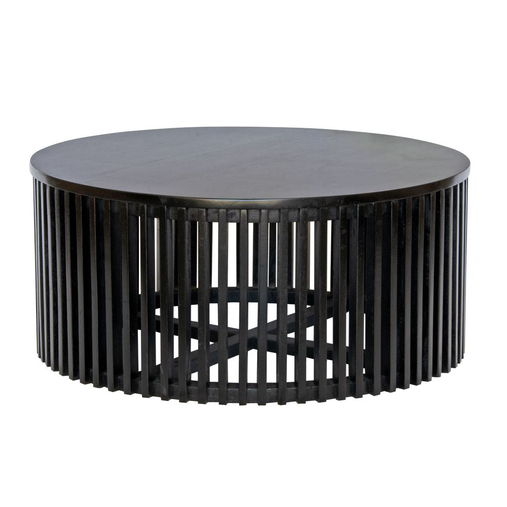 The Seger Black Coffee Table features solid round top and slatted sides. Crafted from sustainable fruitwood. Colour Black. Measures 900 diameter X 400 height. Front Plain.