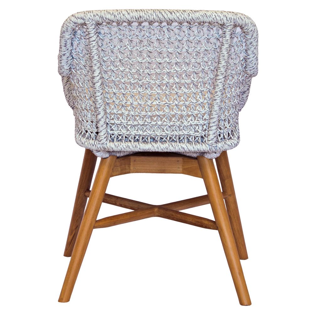 The Seminole Dining chair is a blend of coastal and contemporary style. Crafted with a teak frame and a luxurious synthetic rope seat with cushion. Colours, natural frame, grey rope with white seat cushion. Measures 680 wide X 600 Seat height. Back height 800. Back Plain.