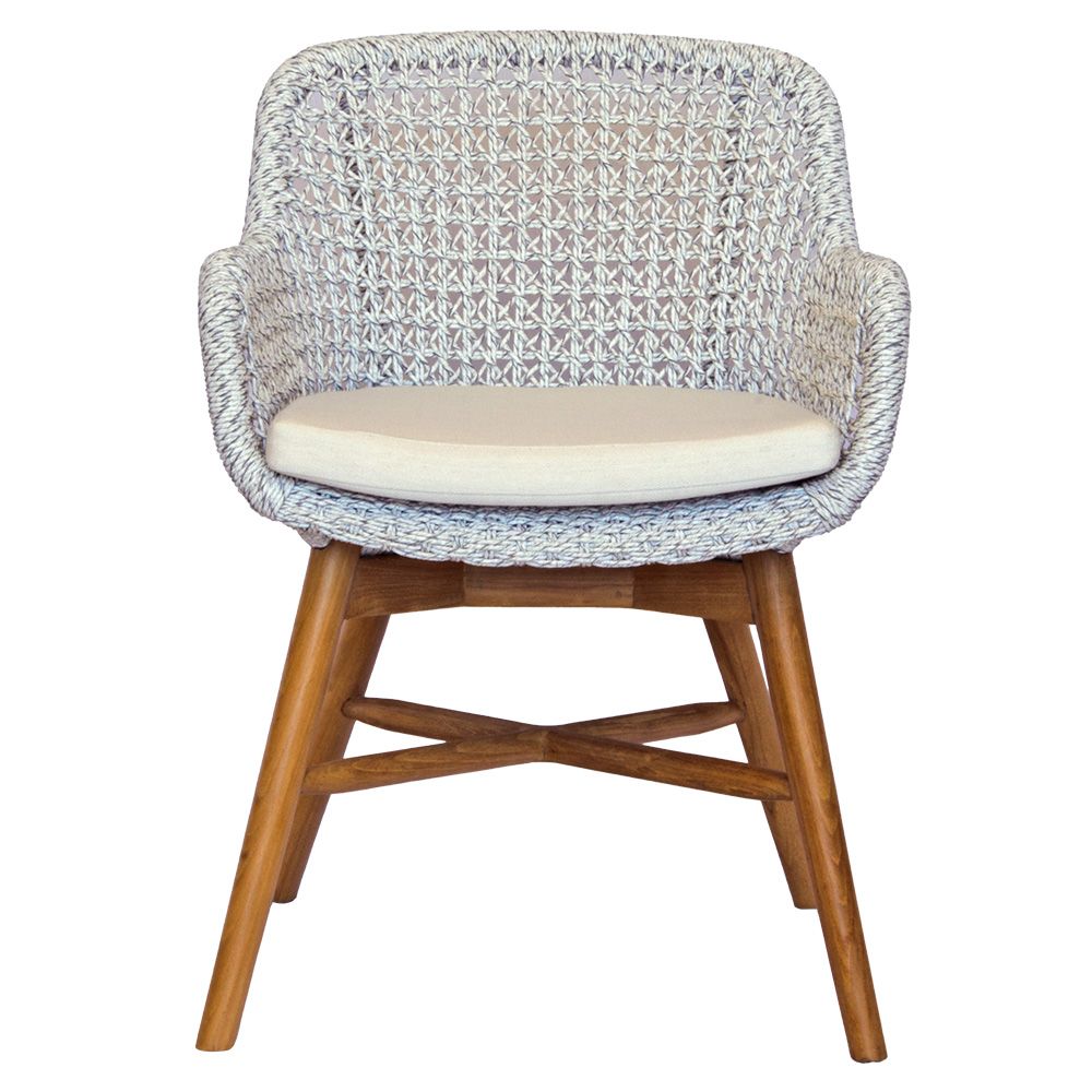 The Seminole Dining chair is a blend of coastal and contemporary style. Crafted with a teak frame and a luxurious synthetic rope seat with cushion. Colours, natural frame, grey rope with white seat cushion. Measures 680 wide X 600 Seat height. Back height 800. Front Plain.