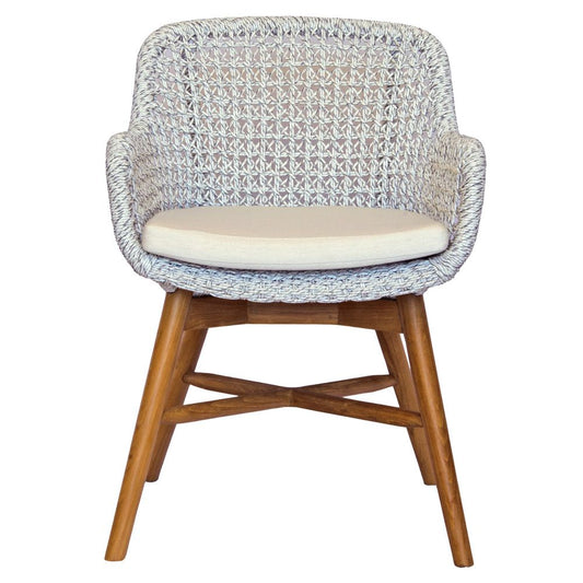 The Seminole Dining chair is a blend of coastal and contemporary style. Crafted with a teak frame and a luxurious synthetic rope seat with cushion. Colours, natural frame, grey rope with white seat cushion. Measures 680 wide X 600 Seat height. Back height 800. Front Plain.