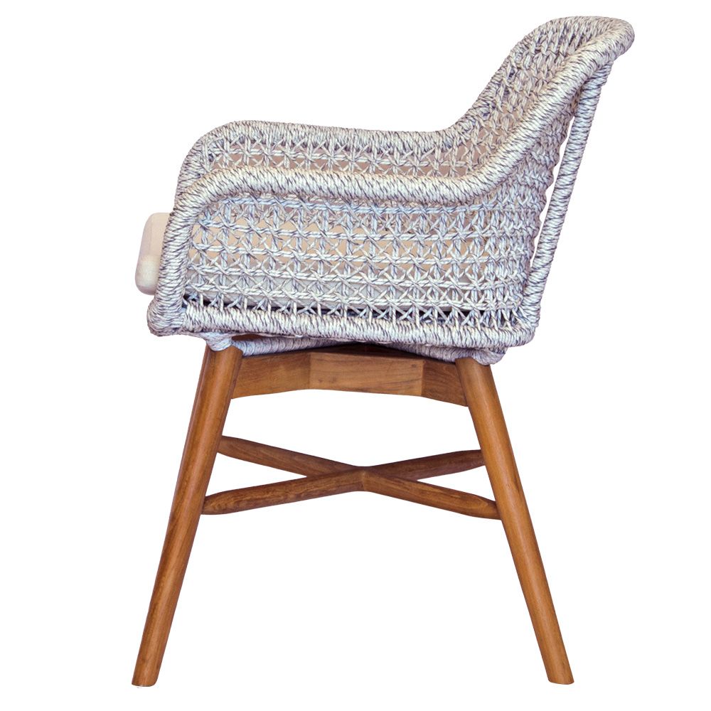 The Seminole Dining chair is a blend of coastal and contemporary style. Crafted with a teak frame and a luxurious synthetic rope seat with cushion. Colours, natural frame, grey rope with white seat cushion. Measures 680 wide X 600 Seat height. Back height 800. Side Plain.