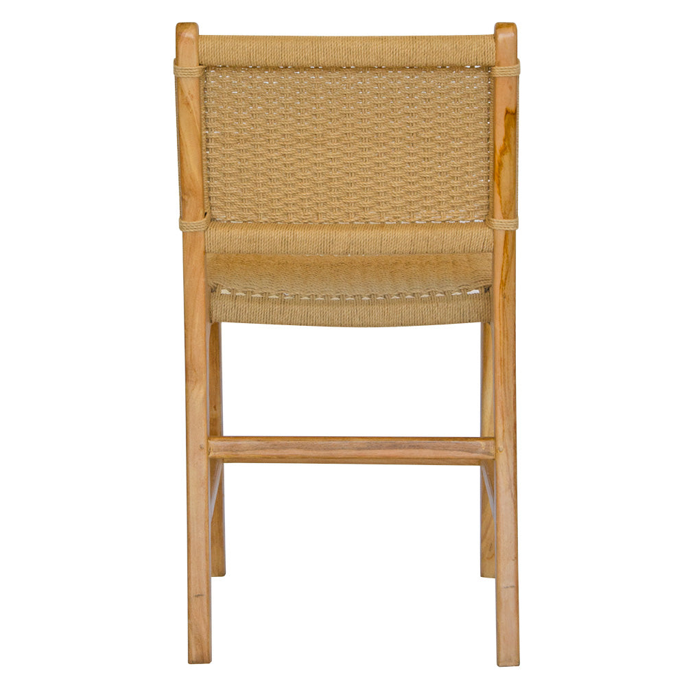 The Seneca Dining Chair features a sustainable teak frame and hand-crafted rope seat and back. Colours, natural frame with white rope. Measures 450 wide X 550 depth. Back Plain.