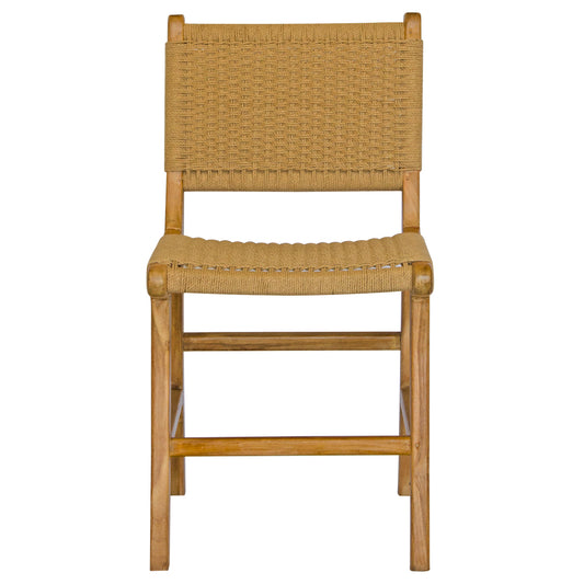 The Seneca Dining Chair features a sustainable teak frame and hand-crafted rope seat and back. Colours, natural frame with white rope. Measures 450 wide X 550 depth. Front Plain.
