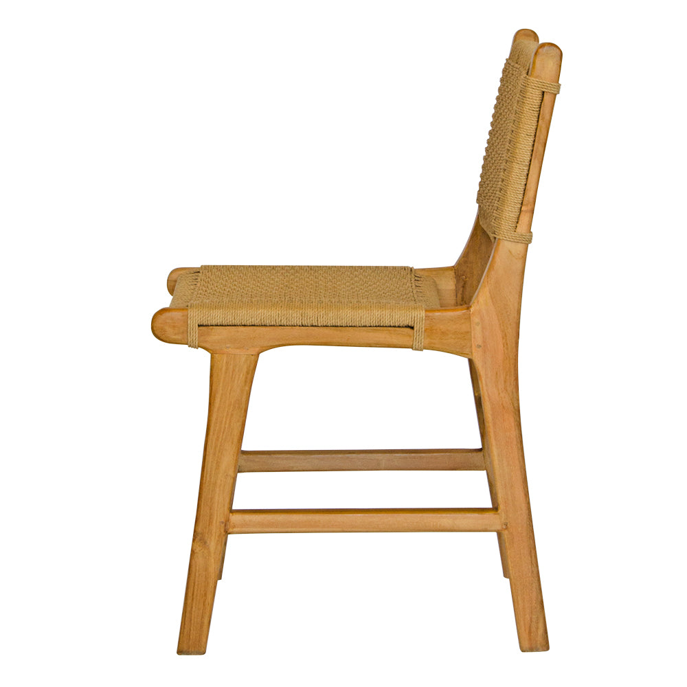 The Seneca Dining Chair features a sustainable teak frame and hand-crafted rope seat and back. Colours, natural frame with white rope. Measures 450 wide X 550 depth. Side Plain.