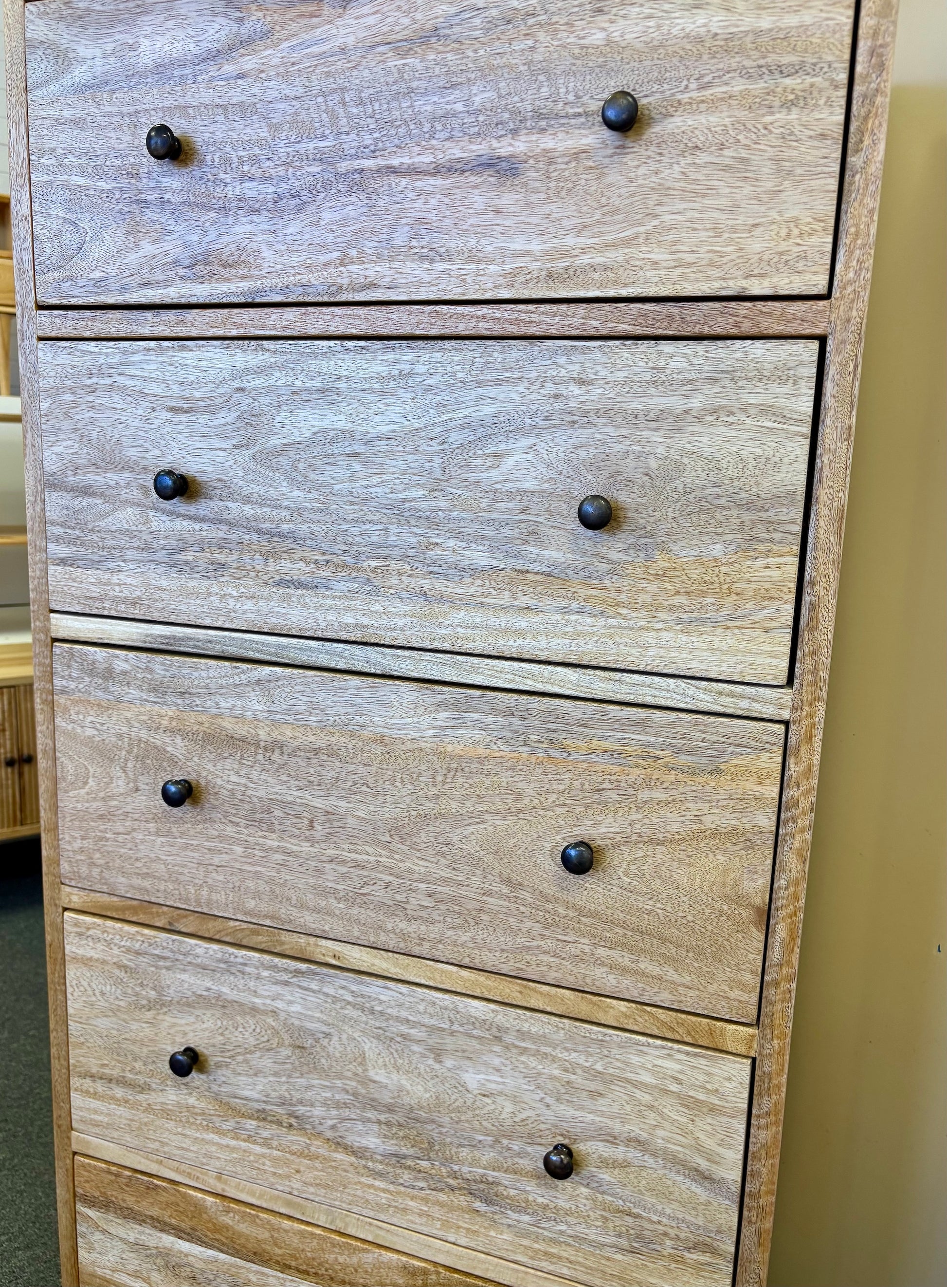 The Sequoia - 5 Drawer features 5 drawers with wooden drawer runners, creating plenty of storage space. Finished in an organic natural colour. Measures 620 wide x 400 depth x 1370 height.  Life.