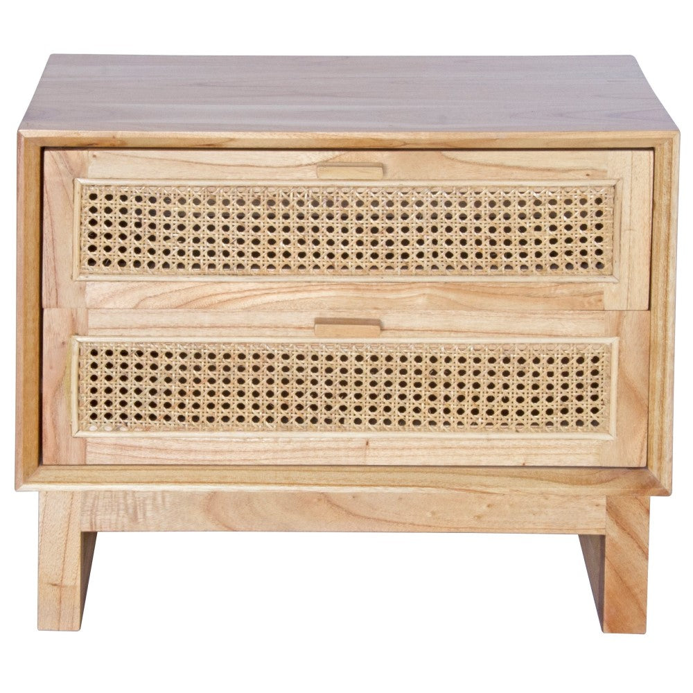 The Shasta 2 Drawer Natural Bedside offers a modern coastal aesthetic. Crafted from white cedar and rattan and featuring two drawers, on wood runners. Colour natural. Measures 600 wide X 350 depth X 500 height. Front Plain.