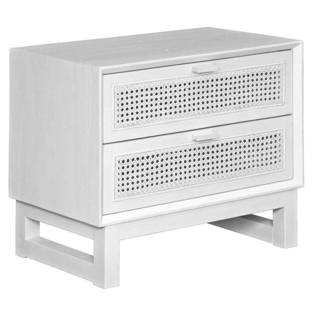 The Shasta 2 Drawer White Bedside offers a modern coastal aesthetic. Crafted from white cedar and rattan and featuring two drawers, on wood runners. Colour white. Measures 600 wide X 350 depth X 500 height. Angle Plain.