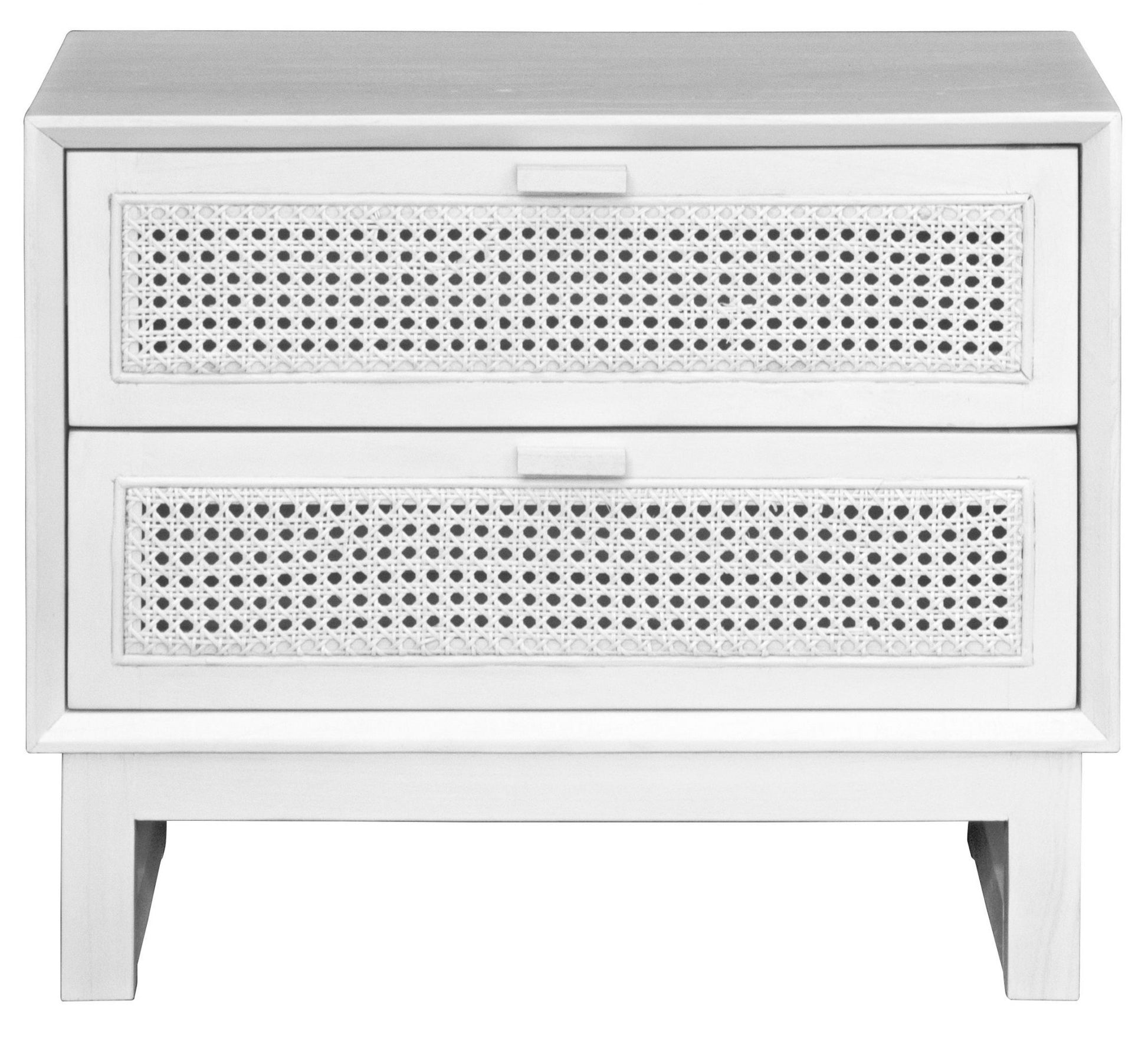 The Shasta 2 Drawer White Bedside offers a modern coastal aesthetic. Crafted from white cedar and rattan and featuring two drawers, on wood runners. Colour white. Measures 600 wide X 350 depth X 500 height. Front Plain.