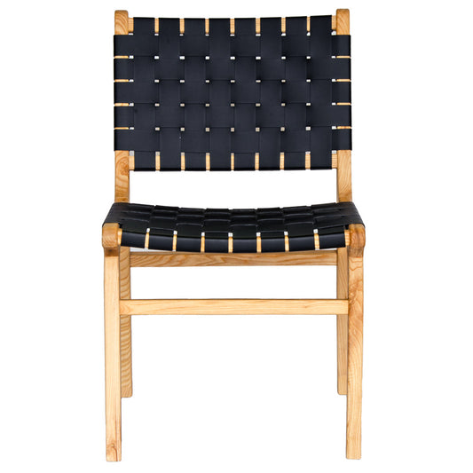 The Shawnee - Black Dining Chair, features an ash frame and black saddle leather. It has a strapped seat and back. Colours, natural frame with black leather. Measures 510 wide X 550 depth X 460 Seat height. Back height 840. Front Plain.