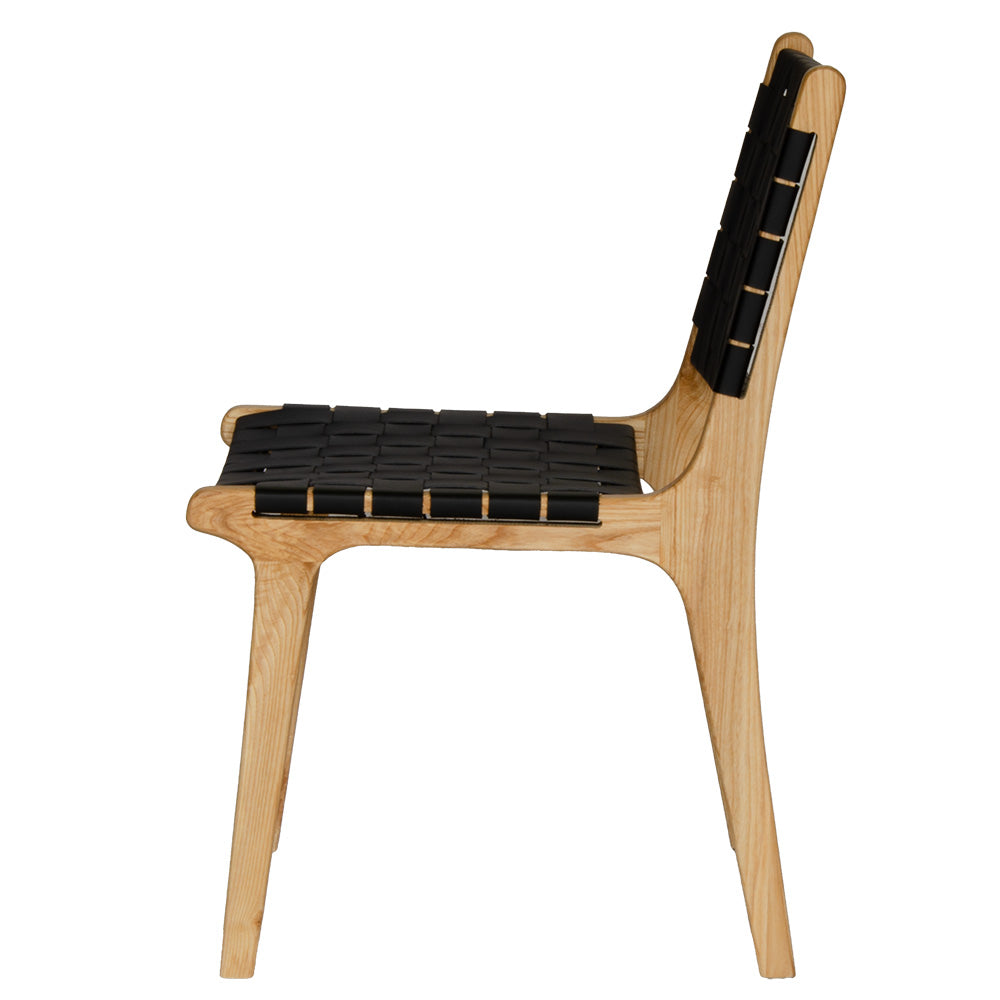 The Shawnee - Black Dining Chair, features an ash frame and black saddle leather. It has a strapped seat and back. Colours, natural frame with black leather. Measures 510 wide X 550 depth X 460 Seat height. Back height 840. Side Plain.