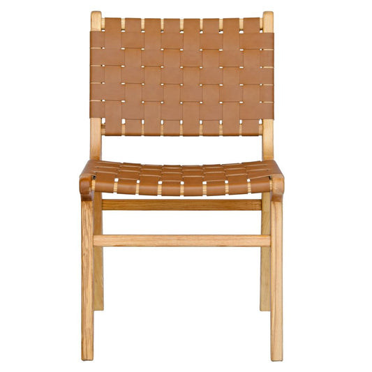The Shawnee - Tan Dining Chair, features an ash frame and tan saddle leather. It has a strapped seat and back. Colours, natural frame with tan leather. Measures 510 wide X 420 depth X 460 Seat height. Back height 840. Front Plain.