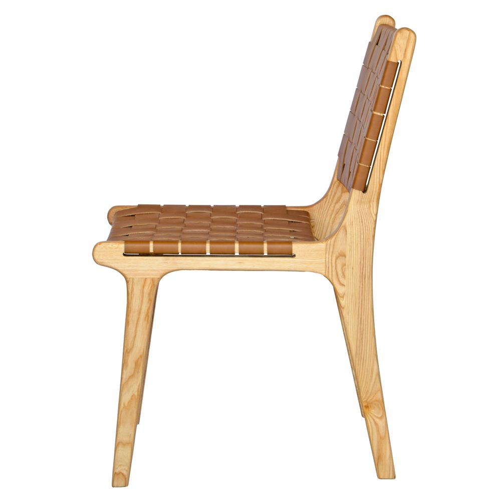 The Shawnee - Tan Dining Chair, features an ash frame and tan saddle leather. It has a strapped seat and back. Colours, natural frame with tan leather. Measures 510 wide X 420 depth X 460 Seat height. Back height 840. Side Plain.