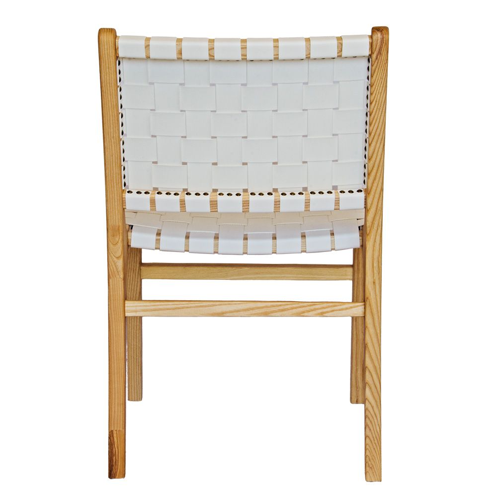 The Shawnee - White Dining Chair, features an ash frame and white saddle leather. It has a strapped seat and back. Colours, natural frame with white leather. Measures 510 wide X 420 depth X 460 Seat height. Back height 840. Back Plain.