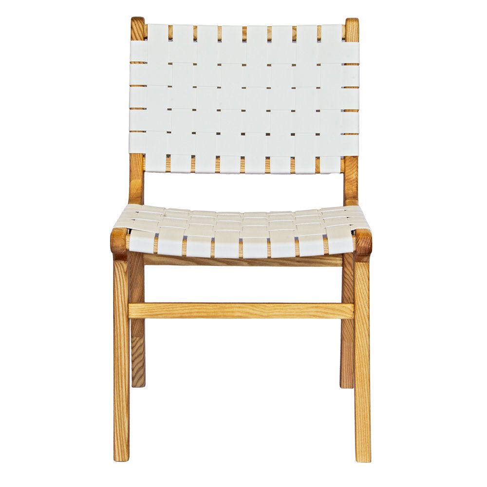 The Shawnee - White Dining Chair, features an ash frame and white saddle leather. It has a strapped seat and back. Colours, natural frame with white leather. Measures 510 wide X 420 depth X 460 Seat height. Back height 840. Front Plain.