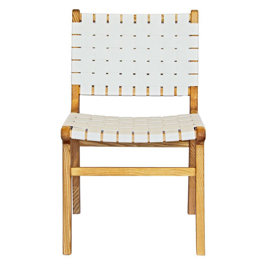 The Shawnee - White Dining Chair, features an ash frame and white saddle leather. It has a strapped seat and back. Colours, natural frame with white leather. Measures 510 wide X 420 depth X 460 Seat height. Back height 840. Front Plain.