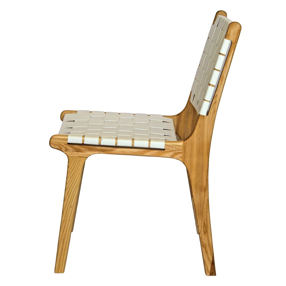 The Shawnee - White Dining Chair, features an ash frame and white saddle leather. It has a strapped seat and back. Colours, natural frame with white leather. Measures 510 wide X 420 depth X 460 Seat height. Back height 840. Side Plain.