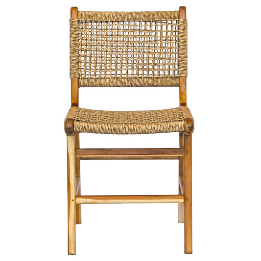 The Sioux Dining Chair is a coastal inspired dining chair. It features a teak frame and synthetic rope seat and back. Colour natural. Measures 450 wide X 540 depth X 470 seat height. Back height 840. Front Plain.