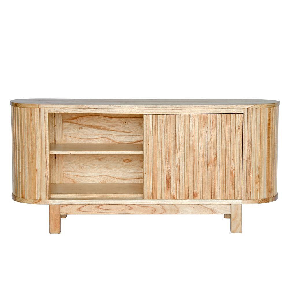 The Sisters 2 Sliding Door Buffett is crafted from white cedar, it features a contemporary design with sleek curved ends and two sliding doors. Colour natural. Measures 1500 length X 450 depth X 700 height. Front Open.