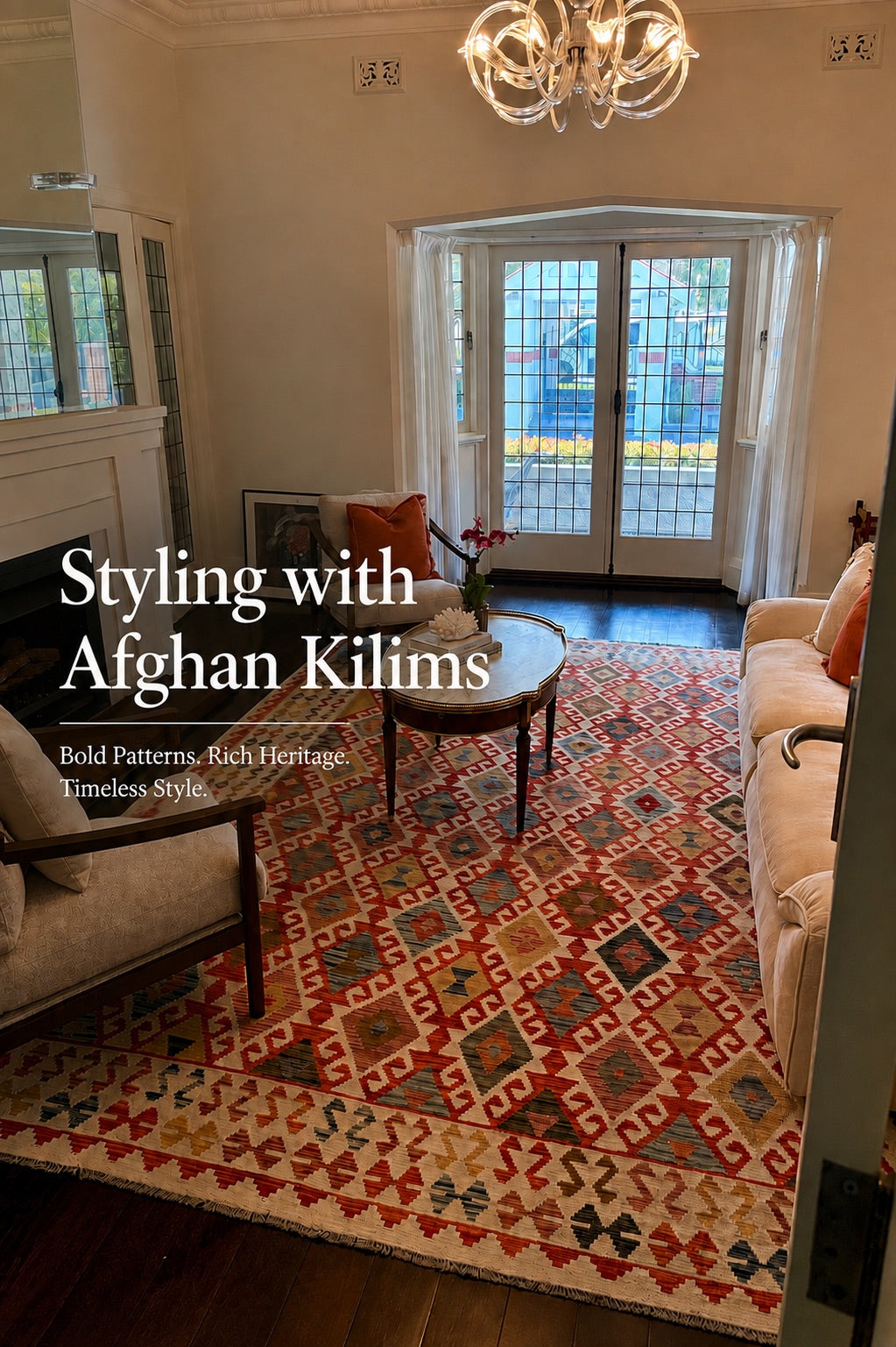 A hand woven wool Afghan Khyber Kilim rug styled in a Federation style Perth home living room setting.