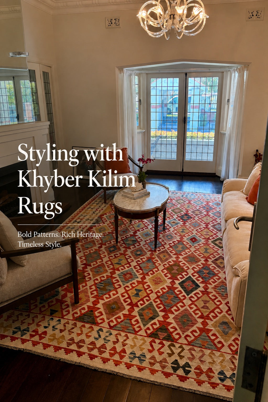A hand woven wool Khyber Kilim Rug Styled in a Federation style Perth Home living room setting.