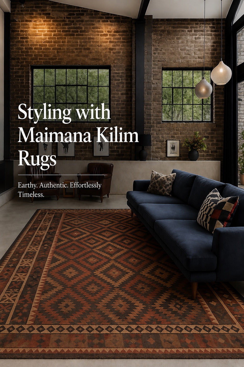 A hand woven wool Afghan Maimana Kilim Style in and industrial Perth home living room setting.