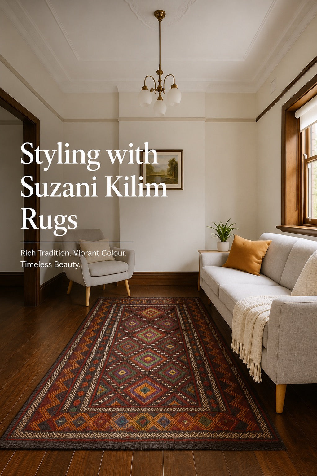 A hand woven wool Afghan Suzani Kilim rug styled in a Perth Federation home living room setting.