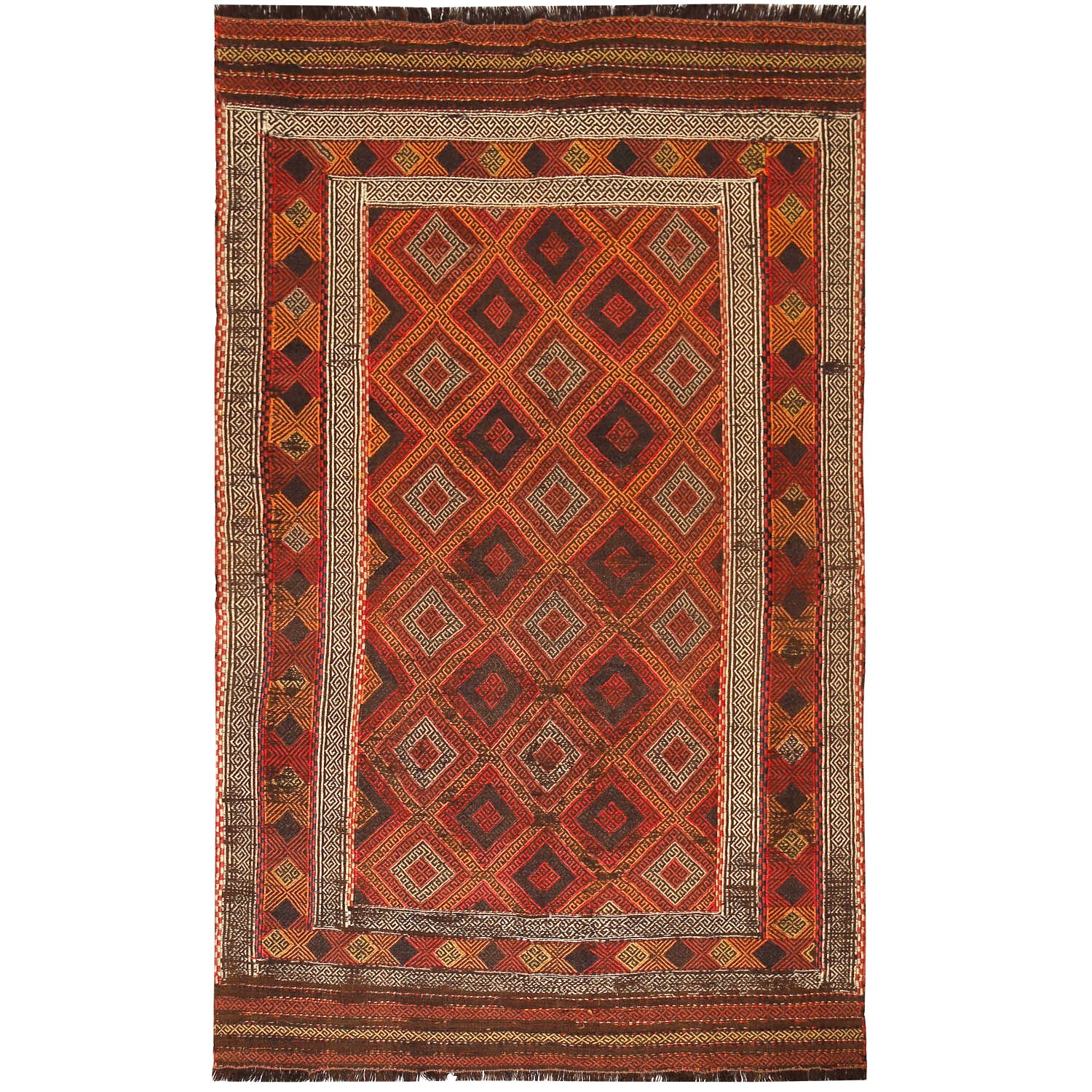 The Afghan Hand Woven Wool Suzani Kilim - 151 X 286. Hand woven by skilled afghan weavers, and featuring traditional bold geometric designs. Colours, oranges, reds, browns and creams. Measures 151 wide X 286 long.
