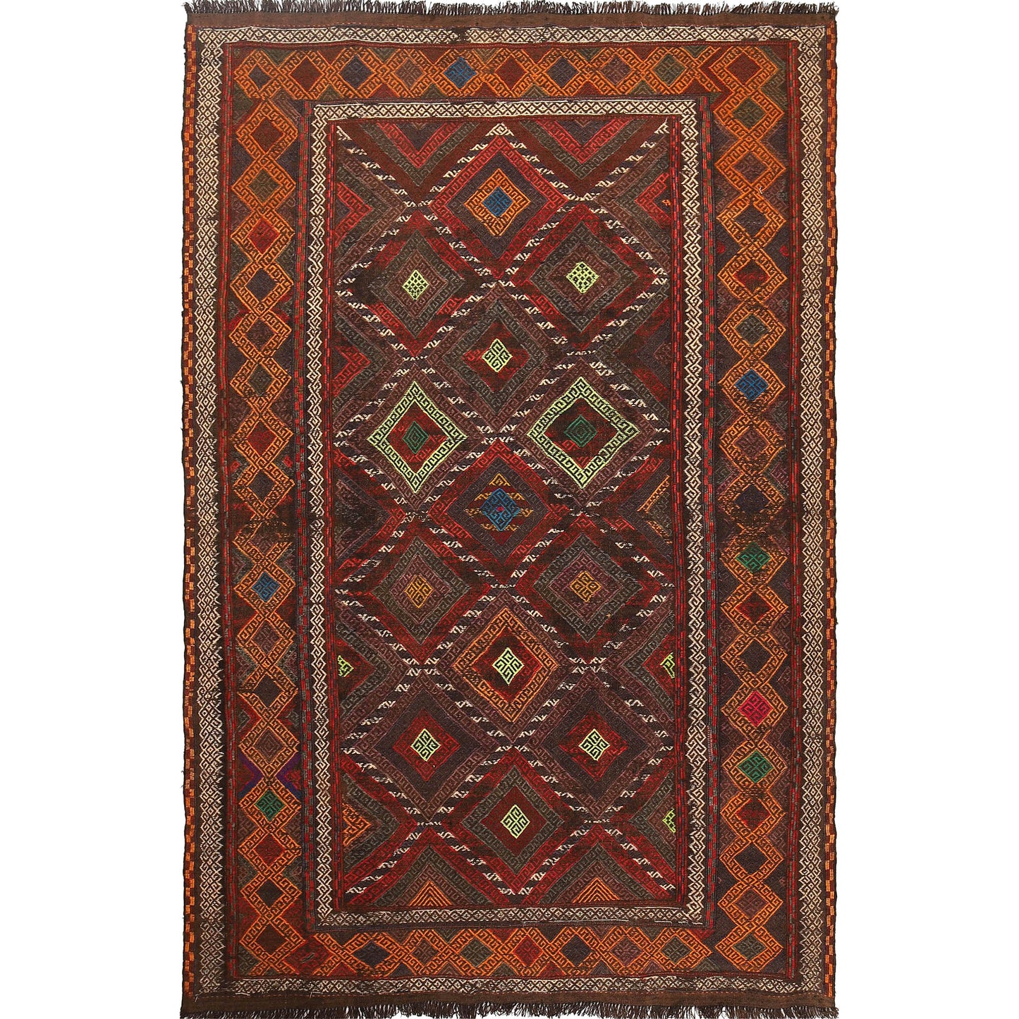 The Afghan Hand Woven Wool Suzani Kilim - 155 X 251. Features traditional geometric designs, hand crafted by Afghan artisan weavers. Colours, dark browns, oranges, blues and creams. Measures 155 wide X 251 long.