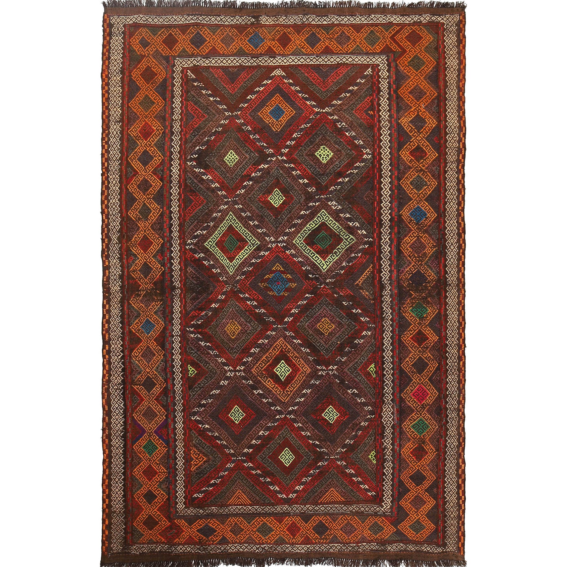 The Afghan Hand Woven Wool Suzani Kilim - 155 X 251. Features traditional geometric designs, hand crafted by Afghan artisan weavers. Colours, dark browns, oranges, blues and creams. Measures 155 wide X 251 long.