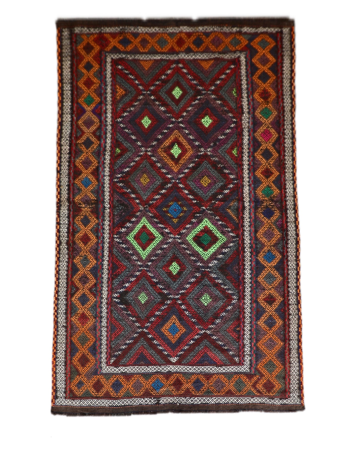 The Afghan Hand Woven Wool Suzani Kilim - 155 X 251. Features traditional geometric designs, hand crafted by Afghan artisan weavers. Colours, dark browns, oranges, blues and creams. Measures 155 wide X 251 long. Cover.