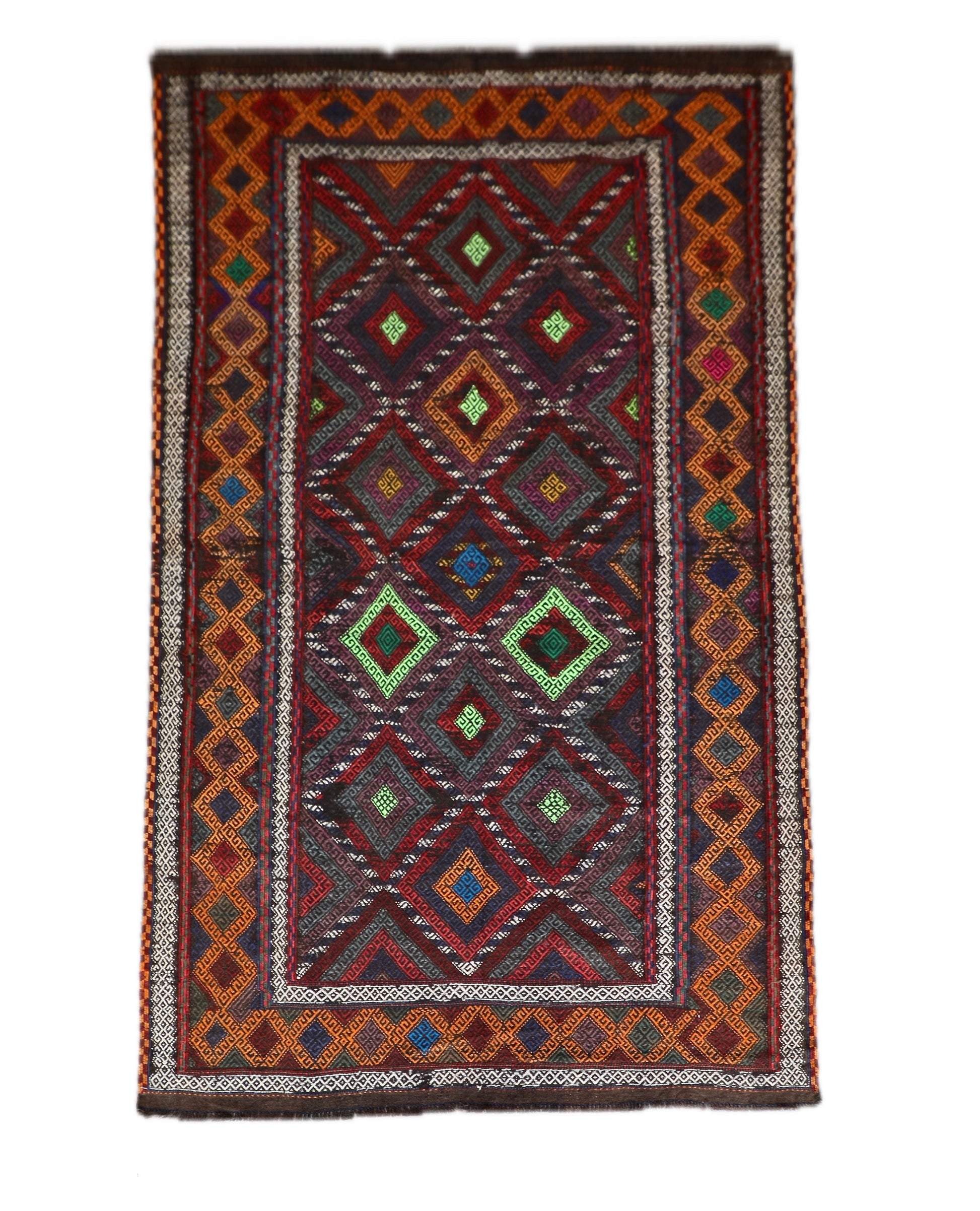The Afghan Hand Woven Wool Suzani Kilim - 155 X 251. Features traditional geometric designs, hand crafted by Afghan artisan weavers. Colours, dark browns, oranges, blues and creams. Measures 155 wide X 251 long. Cover.