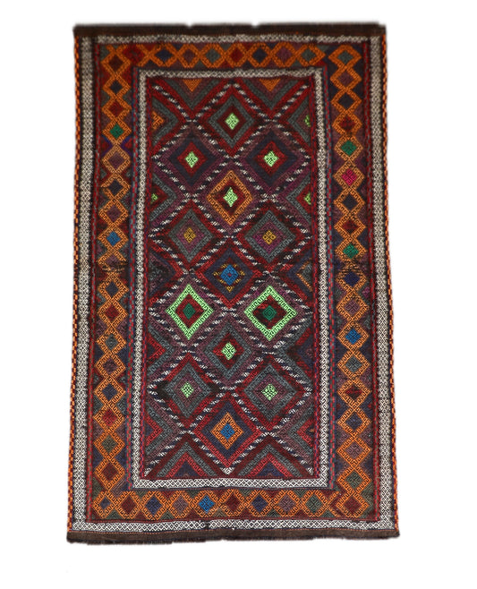The Afghan Hand Woven Wool Suzani Kilim - 155 X 251. Features traditional geometric designs, hand crafted by Afghan artisan weavers. Colours, dark browns, oranges, blues and creams. Measures 155 wide X 251 long. Cover.