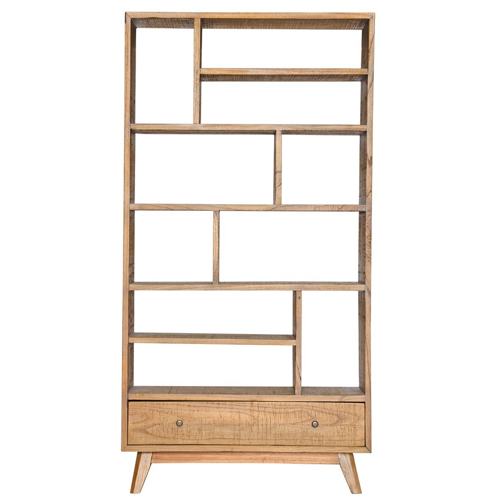 The Taurus 1 Drawer Bookshelf. Multi pigeon holes with 1 drawer at the bottom. Constructed from teak. Measures 1900 Height x 350 Depth x 1000 Wide. Colour natural. Front Plain.