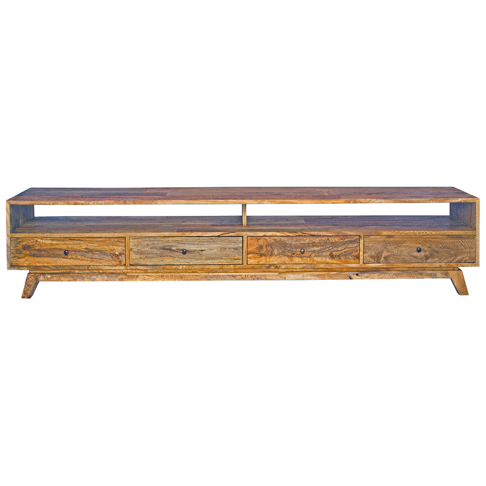 The Taylor 2500 Entertainment Unit features a modern style. It is constructed of sustainable fruitwood. The 4 drawers are on wooden runners and has two open shelves. Colour natural. Measures 2500 length X 400 depth X 500 height. Front Plain.