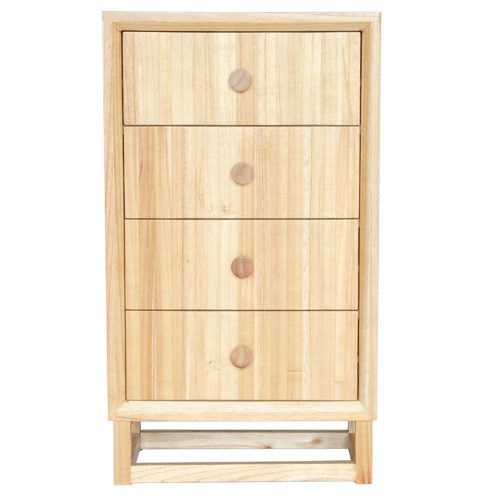 The Teton 4 drawer natural chest is crafted from sustainable whie cedar. Its contemporary design features 4 drawers, on wood runners. Colour natural. Measures 620 wide X 1080 height X 400 depth. Front Plain.