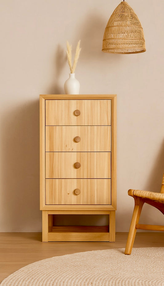The Teton 4 drawer natural chest is crafted from sustainable whie cedar. Its contemporary design features 4 drawers, on wood runners. Colour natural. Measures 620 wide X 1080 height X 400 depth. Styled.