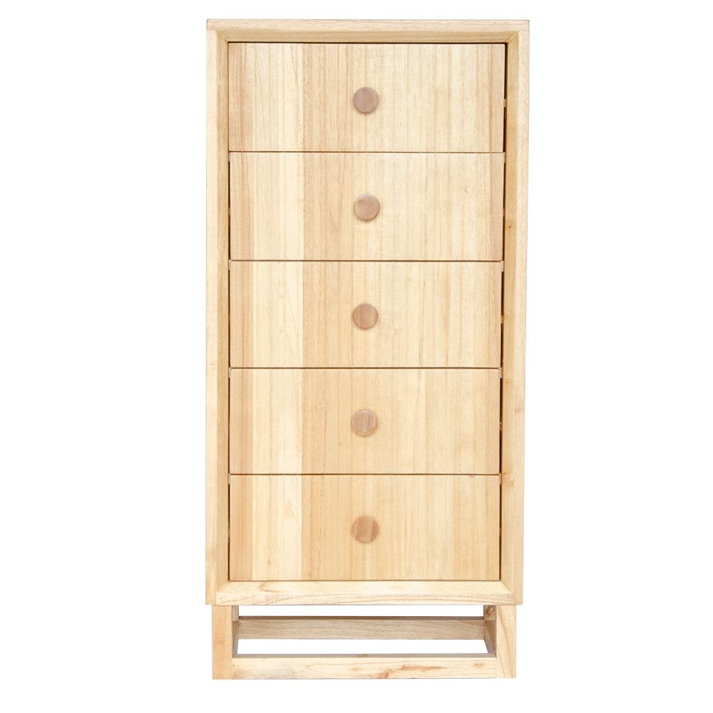 The Teton 5 drawer natural chest is crafted from sustainable white cedar. Its contemporary design features 5 drawers, on wood runners. Colour natural. Measures 620 wide X 1300 height X 400 depth. Front Plain.