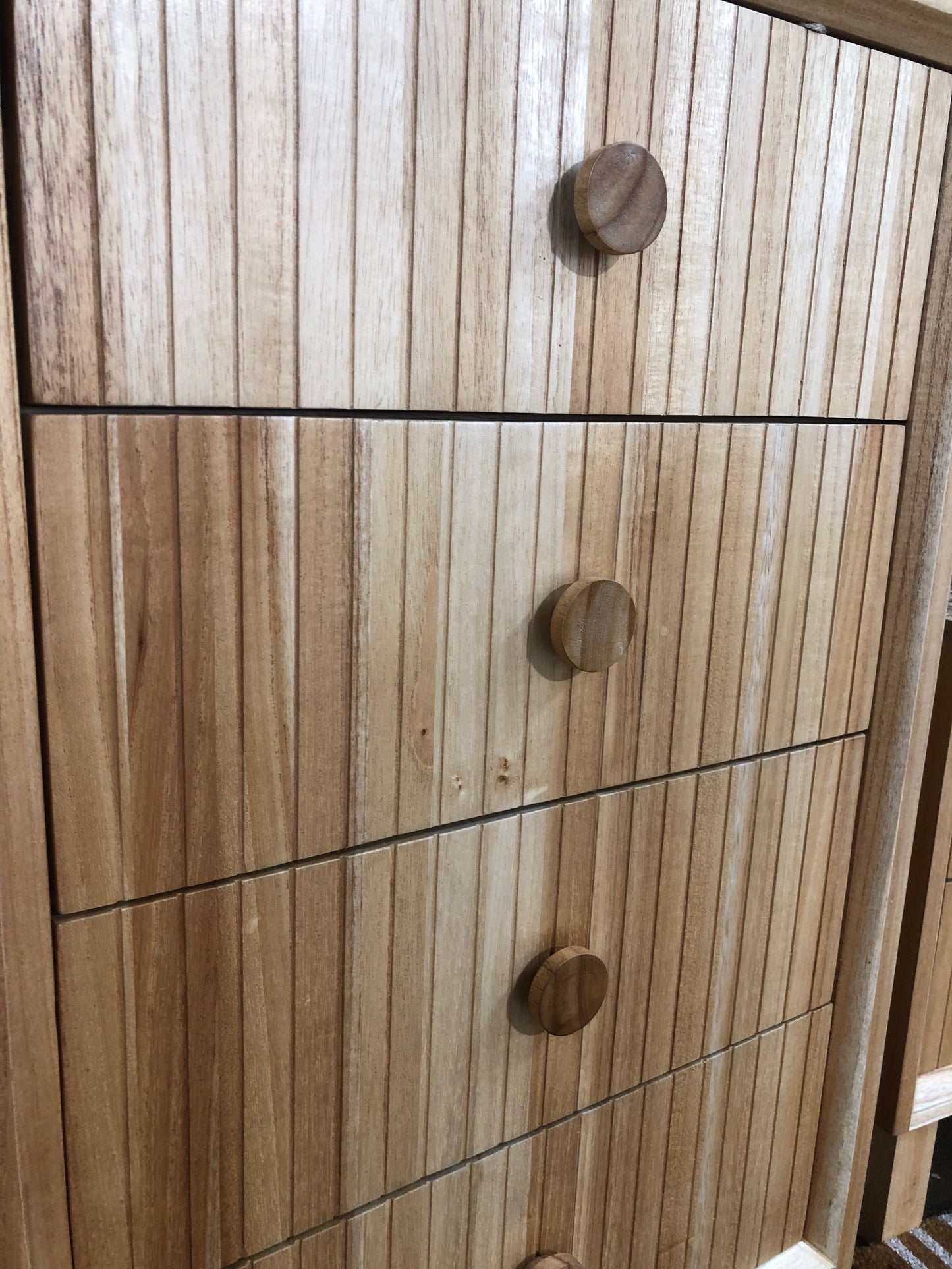 The Teton 5 drawer natural chest is crafted from sustainable white cedar. Its contemporary design features 5 drawers, on wood runners. Colour natural. Measures 620 wide X 1300 height X 400 depth. Close.