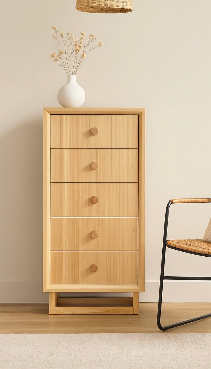 The Teton 5 drawer natural chest is crafted from sustainable white cedar. Its contemporary design features 5 drawers, on wood runners. Colour natural. Measures 620 wide X 1300 height X 400 depth. Styled.