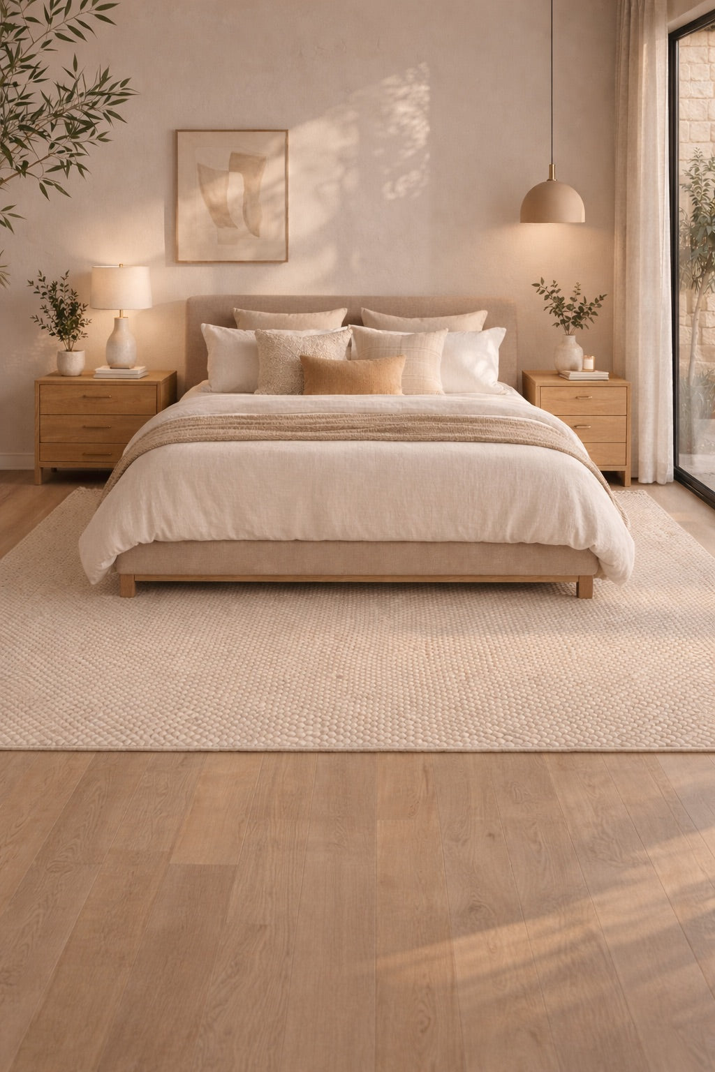 A Textured Hand Woven Wool Rug styled in a modern Perth home Bedroom Setting.